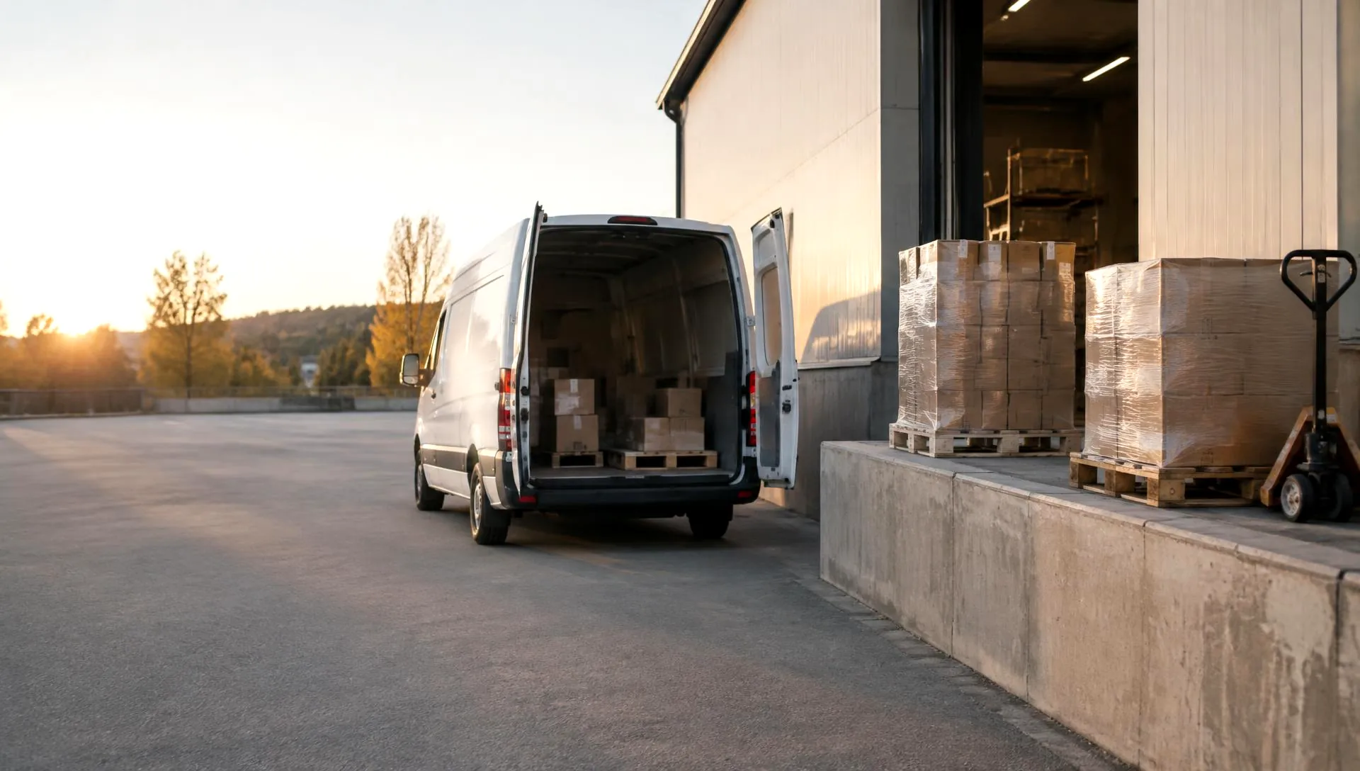 Hvid erhvervsvarebil ved en læsserampe med indpakket gods i naturligt lys